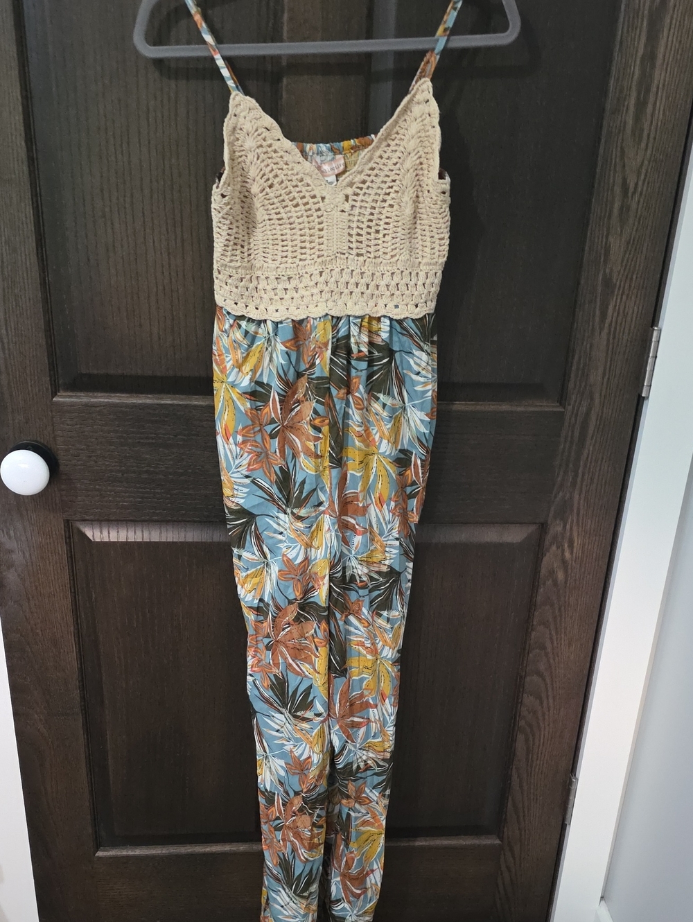 Beige Crochet-Top Tropical Print Jumpsuit